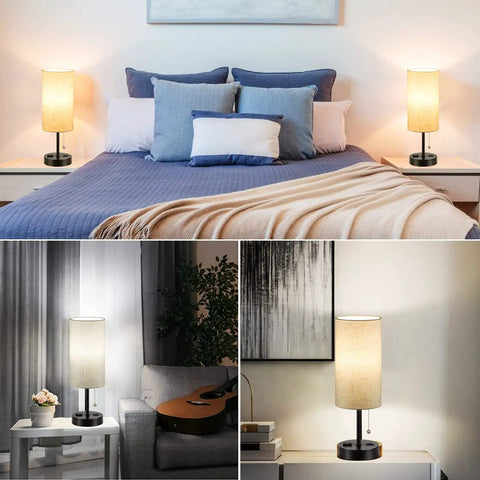 Two Pack Bedside Table Lamps With USB Charging Port And AC Outlet For Bedroom Or Living Room, displayed in bedroom and living room.