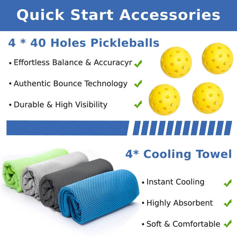 Image of 4 yellow pickleballs and 4 cooling towels included in Premium Wood Pickleball Paddle Set For Men And Women