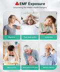 Image showing six symptoms of EMF exposure: migraines, poor sleep, inattention, memory loss, joint pain, and memory decline.