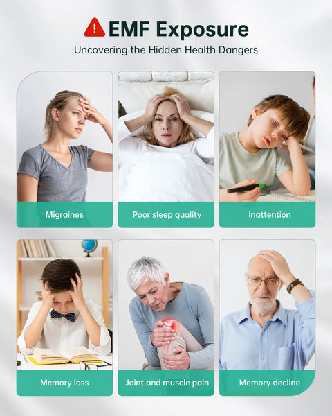 Image showing six symptoms of EMF exposure: migraines, poor sleep, inattention, memory loss, joint pain, and memory decline.