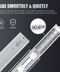 Heavy Duty Beefed Up Drawer Slides 24 Inch Full Extension Soft Close Ball Bearing Silent Glide For Cabinet Tool Box RV And Truck Up To 175 Lbs Capacity 51mm Wide Steel Rails Cold Rolled Construction showing ball bearings and slides.