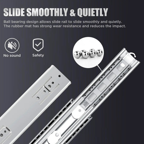 Heavy Duty Beefed Up Drawer Slides 24 Inch Full Extension Soft Close Ball Bearing Silent Glide For Cabinet Tool Box RV And Truck Up To 175 Lbs Capacity 51mm Wide Steel Rails Cold Rolled Construction showing ball bearings and slides.
