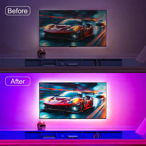 Before and after using 6.56ft RGB LED Backlight Strip For 24-30 Inch TVs, Easy Corner Install Behind Screen, USB Powered 5V, App Remote Control And Music Sync, 16 Million Color Ambience, Ideal Bedroom, PC, And Game Console Setup
