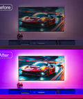 "Before and after TV setup using Lit RGB TV Backlight Strip 13.2ft For 32 To 65 Inch TVs RGB LED Lights Behind Screen App"