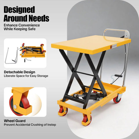 Heavy Duty Hydraulic Scissor Lift Table Cart With 500 Pound Capacity features detachable design and wheel guard for safe storage.