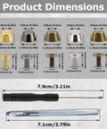 Premium 12Mm Screw Back Metal Studs And Rivets Kit With 40 Pieces Across 5 Fresh Colors dimensions diagram with tool sizes.
