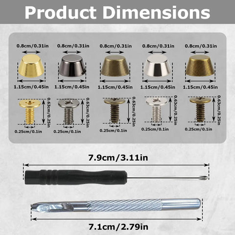Premium 12Mm Screw Back Metal Studs And Rivets Kit With 40 Pieces Across 5 Fresh Colors dimensions diagram with tool sizes.