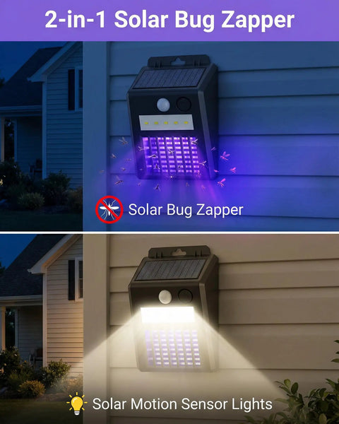 Solar Powered Bug Zapper Outdoor 2 In 1 Waterproof Cordless Mosquito Killer Lamp with UV Light and Motion Sensor Light installed