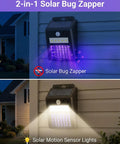 Solar Powered Outdoor Bug Zapper No Fuss 2 In 1 Waterproof Cordless Mosquito Zapper installed on wall, UV and motion light on