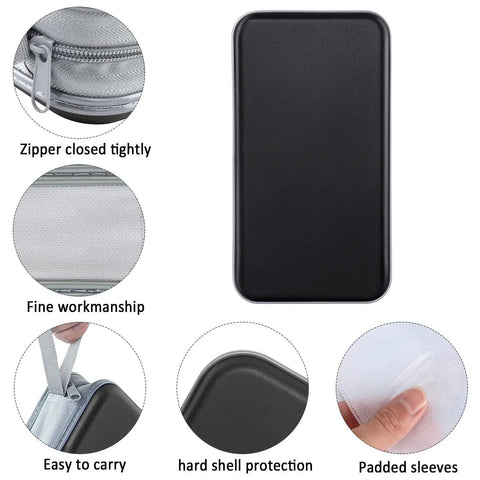 Heavy Duty 96 Disc CD DVD Case Storage Binder in hard plastic, detailed features like zipper, padded sleeves, and black shell