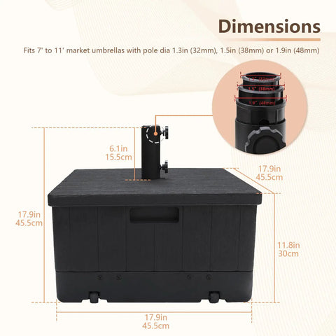 Dimensions diagram of All In One Outdoor Umbrella Base With Rolling Wheels And Planter Box 176 Lb Heavy Duty Sand Fillable Workhorse