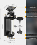 Built Tough Rotating Vise Stand Featuring Rock Solid Grip And 360 Degree Swivel showing dimensions and materials like stainless steel and aluminum.