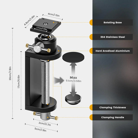Built Tough Rotating Vise Stand Featuring Rock Solid Grip And 360 Degree Swivel showing dimensions and materials like stainless steel and aluminum.