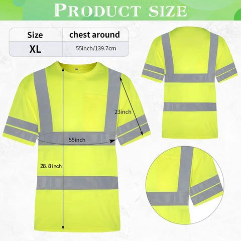 Front and back views of Six Pack Of XL High Visibility Reflective Safety T Shirts with size dimensions in fluorescent yellow.