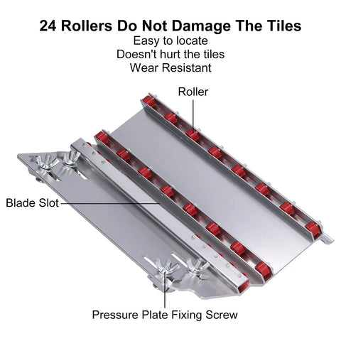 Tough As Nails 45 Degree Tile Chamfering Tool And Metal Corner Cutting Machine For Ceramic Stone Jobs With Steel Build and Nylon Guides viewed from above showing 24 rollers and blade slot.