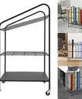 Heavy Duty Three Tier Mobile Paper Rolls Organizer With Slick Metal Frame And Twenty Roomy Slots in black on wheels.