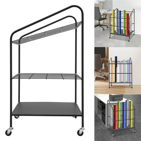 Heavy Duty Three Tier Mobile Paper Rolls Organizer With Slick Metal Frame And Twenty Roomy Slots in black on wheels.