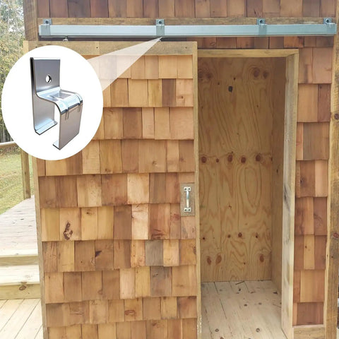 Heavy Duty Box Rail Hanger Bracket For Exterior Barn Doors Rail Mount Hardware With Included Bolts Silver 4 Pack installed on shed