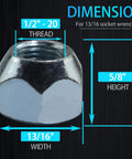 Top Shelf Trailer Lug Nuts Ten Pack With Genuine One Half Twenty Thread And Rust Proof Zinc Coating showing dimensions 1/2"-20 thread, 5/8" height, and 13/16" width.