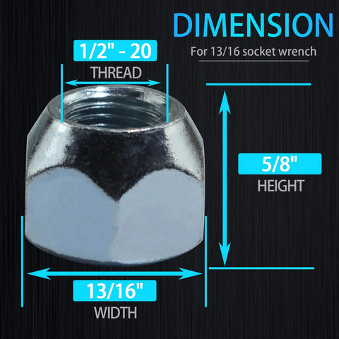 Top Shelf Trailer Lug Nuts Ten Pack With Genuine One Half Twenty Thread And Rust Proof Zinc Coating showing dimensions 1/2"-20 thread, 5/8" height, and 13/16" width.