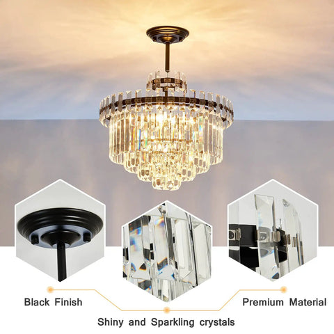 Lit 7 Light Black Crystal Chandelier Modern Semi Flush Mount Ceiling Light with shiny crystals and black finish details