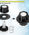 Dope 10K Potentiometer With A03 Knob And Dial For Inverter Speed Control Single Turn Carbon Film Rotary Potentiometer 10K Ohm 300 Degree Travel 6mm Shaft 9mm Thread 1.6 By 1.5 Inch Body For Motor Speed Regulation, black knob and dial