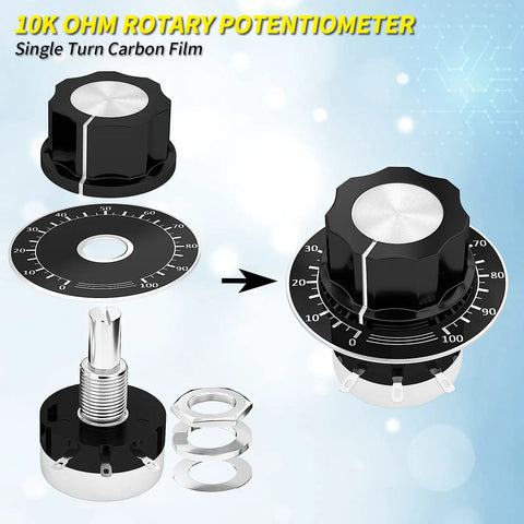 Dope 10K Potentiometer With A03 Knob And Dial For Inverter Speed Control Single Turn Carbon Film Rotary Potentiometer 10K Ohm 300 Degree Travel 6mm Shaft 9mm Thread 1.6 By 1.5 Inch Body For Motor Speed Regulation, black knob and dial