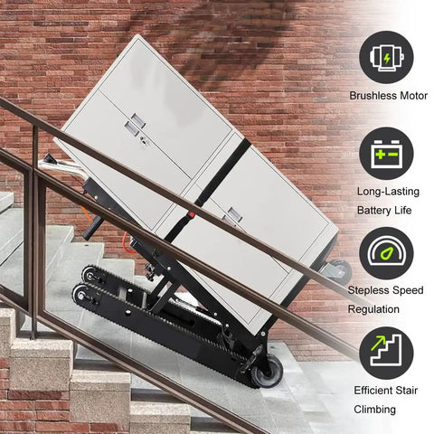 Super Heavy Duty Electric Stair Climber Cart With 440 LB Max Load Capacity And 600W Motor moving a fridge up stairs using rubber tracks.