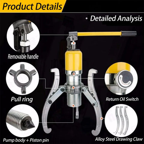 Heavy Duty Hydraulic Bearing Puller With 10 Ton Capacity For Knuckle Saver Auto Repair showing alloy steel claws and removable handle.