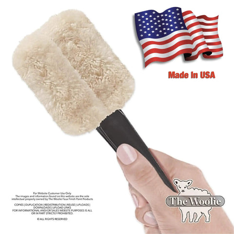 Hand holding Two Color Faux Finish Paint Roller Kit For Beginners with sheepskin roller, Made in USA, and American flag in background.
