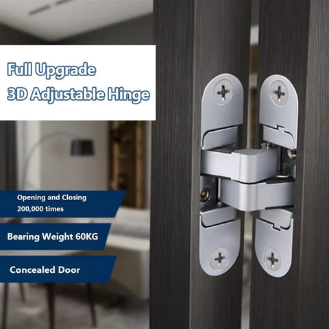 Close-up of a silver two-piece three dimensional invisible door hinge for wooden doors and folding blind doors.