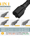 Beefy 15A To 20A Power Adapter Cable NEMA 5-15P To 5-15R 5-20R 6-15R 6-20R 4 In 1 12 AWG 1 Foot Black Cable For Home Use And Portable EV Chargers No Transformer Inside.