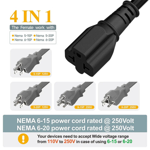 Beefy 15A To 20A Power Adapter Cable NEMA 5-15P To 5-15R 5-20R 6-15R 6-20R 4 In 1 12 AWG 1 Foot Black Cable For Home Use And Portable EV Chargers No Transformer Inside.