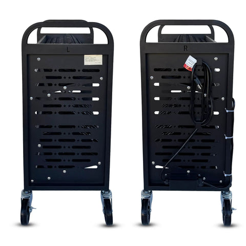 Slick 32 Device Laptop Charging Cart With Built In Surge Protection showing back view with wheels and cable management.