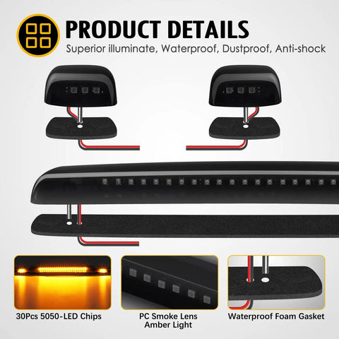 Smoked Lens Amber Cab Marker Lights 3 Pack for Silverado and Sierra 1500 2500 3500 2015 to 2019 with 30 LED Chips lit