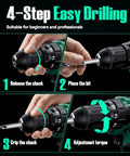 4-step guide to using Two 20V 2.0Ah Batteries Cordless Drill Set With 350 In Lb Torque, 0 To 1350 RPM, 3 Eighth Inch Keyless Chuck