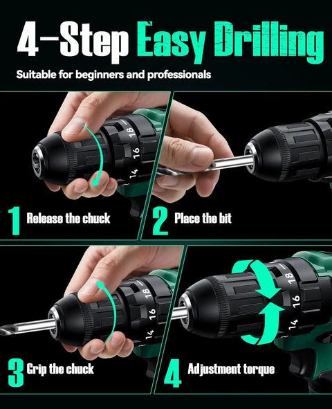4-step guide to using Two 20V 2.0Ah Batteries Cordless Drill Set With 350 In Lb Torque, 0 To 1350 RPM, 3 Eighth Inch Keyless Chuck