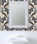 Snag This Killer Big Cat Print PVC Free Wallpaper Featuring A Premium Matte Linen Texture Durable Wallcovering in bathroom setting.