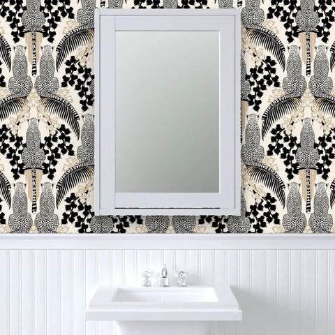 Snag This Killer Big Cat Print PVC Free Wallpaper Featuring A Premium Matte Linen Texture Durable Wallcovering in bathroom setting.