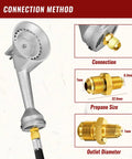 Side view of 5ft propane regulator hose with braided stainless steel and brass fittings, QCC1 and 3/8 in female connection