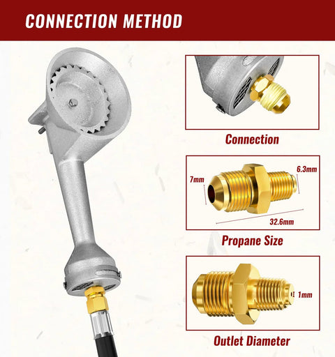 Side view of 5ft propane regulator hose with braided stainless steel and brass fittings, QCC1 and 3/8 in female connection