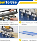 Guide showing steps to use Three Station Roller Metal Bender For Roofing, Adjustable Large Radius for precise sheet metal bending.