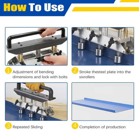 Guide showing steps to use Three Station Roller Metal Bender For Roofing, Adjustable Large Radius for precise sheet metal bending.