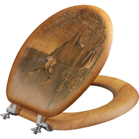 November Whitetail Deer Round Toilet Seat With Oak Veneer Finish Dope Rustic Bathroom Upgrade Fine Art Deer Pattern