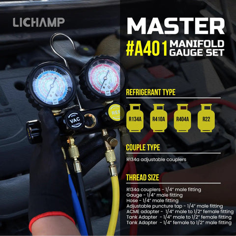 HVAC Gauges With Hoses Four Valve Manifold Set For R134A R410A R404A R22 Refrigerants in use measuring car AC pressure