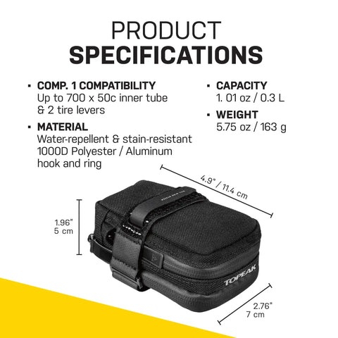 Elementa GearBag Under-Seat Bike Bag With Dual Compartments Quick Access Rail Wing System Compact Ratchet Tool Kit Water-Repellent 1000D Polyester 0.3L Capacity shown with dimensions and specifications.