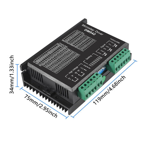 DM542 microstep driver module for CNC, black plastic housing with green terminal blocks, approx 119 x 75 x 34 mm
