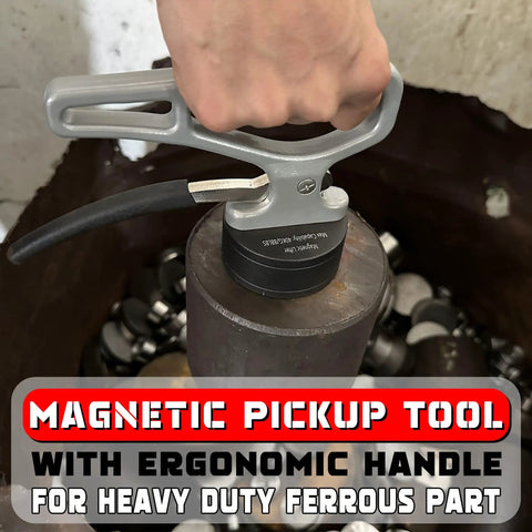 Close-up of a magnetic pickup tool with ergonomic handle lifting a heavy duty ferrous part, emphasizing quick release function.