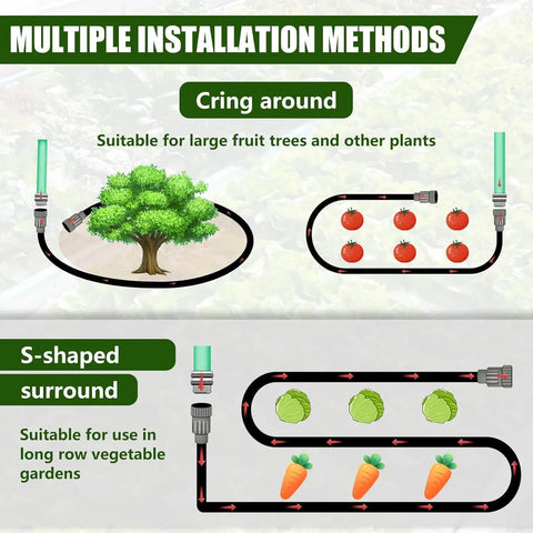 Diagram showing multiple installation methods for Heavy Duty Double Layer Soaker Hose For Drip Irrigation That Saves 80 Percent Water