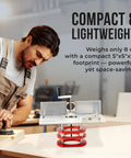 Adjustable Insert Plate Router Lift With Double Stainless Steel Support Rods For 64 To 66 Millimeter Trimming Machine Aluminum Under Table Base Hella Durable Badass Precision Woodworking Upgrade In Vibrant Red on a wooden table.